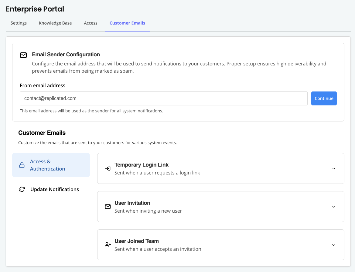 Enterprise Portal customer emails page